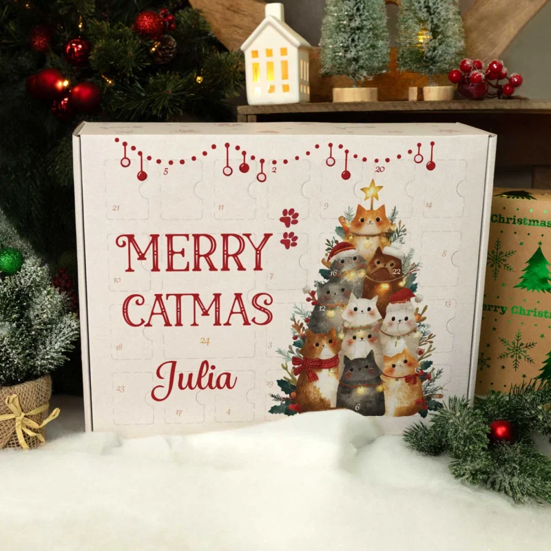 Personalisierter DIY Adventskalender mit Catmas Design zum selbst Befüllen GRAVURZEILE