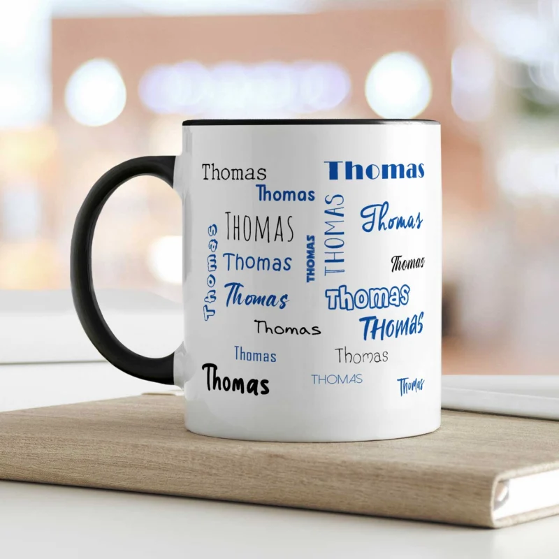 Bedruckte Tasse mit Namen in verschiedenen Schriftarten GRAVURZEILE