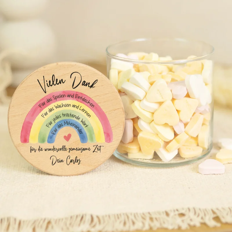 Bedrucktes Vorratsglas mit Holzdeckel - Regenbogen Aquarell GRAVURZEILE