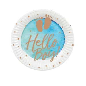 Assiettes en carton Hello Boy pour baby shower bleu et or