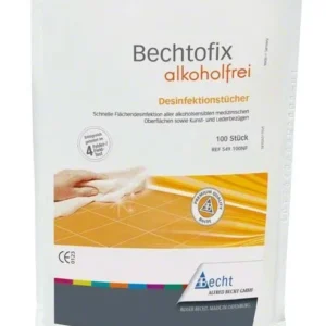 Bechtofix alkoholfrei Nachfüllpackung mit 100 Desinfektionstüchern für alkoholsensible Oberflächen.