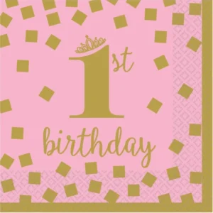 Petites serviettes en papier 1st birthday pour premier anniversaire rose et or