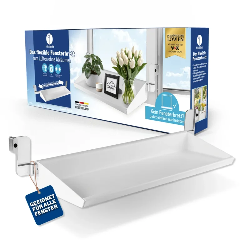 Flexible Fensterbank zum Lüften ohne Abräumen in Weiß, passend für alle Fenster, platzsparend und einfach zu montieren.