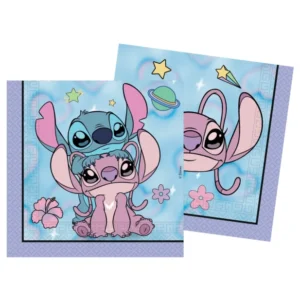 Serviettes en papier Angel et Stitch bleues et mauves avec motifs fleurs et étoiles