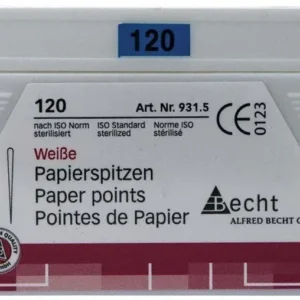 Weiße Papierspitzen Gr. 120 in Verpackung mit ISO-Zertifizierung.