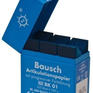 Blaues Bausch Artikulationspapier im Plastikspender mit geöffneter Verpackung.