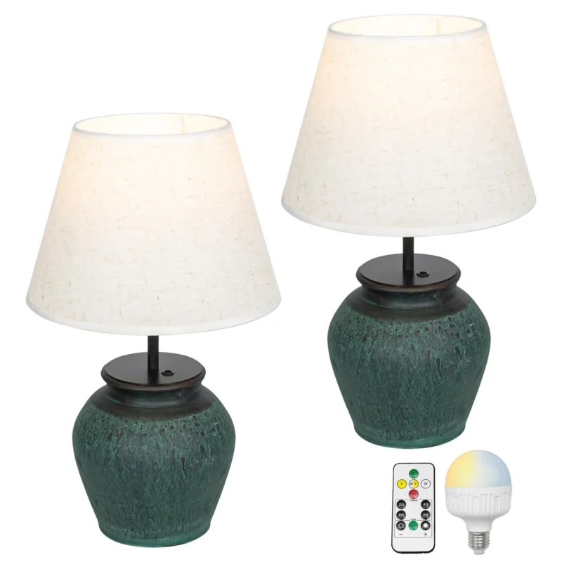 FSLiving Tischlampe Keramik Tischleuchte Lampe Grün, Vintage Dimmbar Nachttischlampe mit Stoffschirm 1xE27, Wiederaufladbare Tischlampe Zeitschaltuhr für Nachttisch Beistelltisch 2er-Satz -TD0753GN