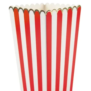 Boîtes à popcorn à rayures pour fête rouges et blanches avec liseré doré