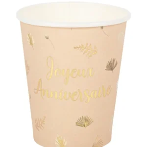 Gobelets Joyeux anniversaire boho pour fête blush et or en carton