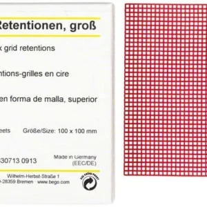 Wachs-Gitterretentionen, 100 x 100 mm, rote Gitterstruktur neben Verpackung.