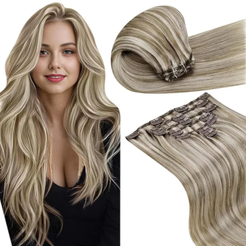 Echthaar Clip-in Extensions Hellbraun-Platinblond 50cm