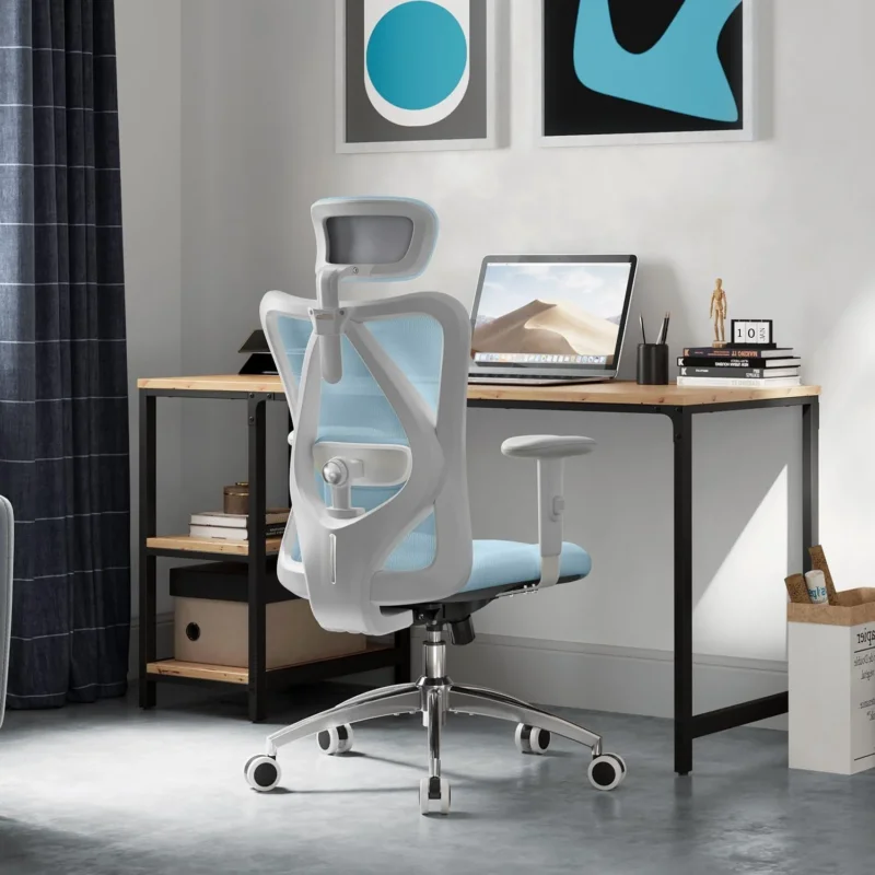 Ergonomischer Bürostuhl mit Kopf- und Lendenwirbelstütze | Hellblau