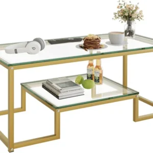 Moderner Couchtisch 2-lagig 100x47x45 cm Glas Metallrahmen