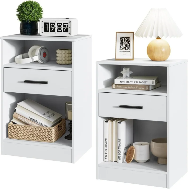 Nachttisch Set mit Schublade und offenem Fach Weiß 30x40x60cm