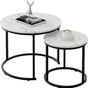 Runder Couchtisch Set Holz Metall Marmorplatte Wohnzimmer 2er Set