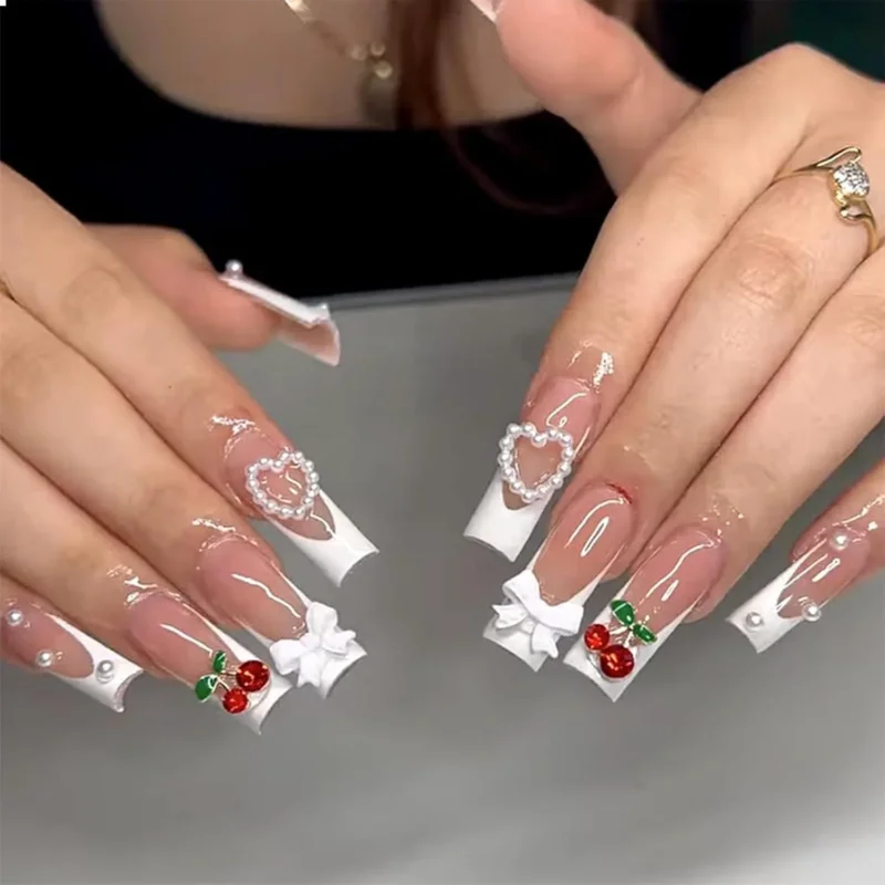3D Perlen Weiße French Tip Falsche Nägel 24 Stück Gel-Gum Überzug