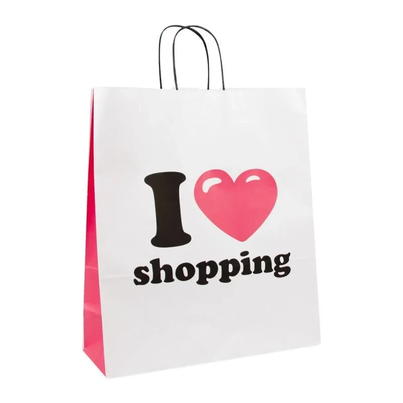 Twisted Carrier Bags I love shopping 35+14x41cm White