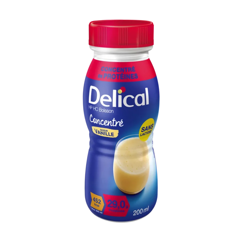 Delical HP HC Getränk Vanille in blauer 200ml Flasche.