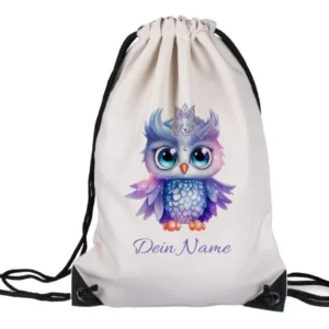 Lila Eulen-Rucksack mit personalisiertem Namen.