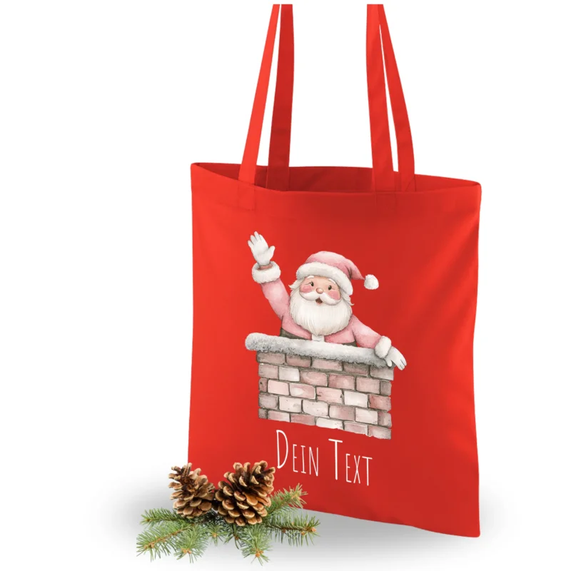 Rote Stofftasche mit Weihnachtsmann-Motiv und personalisierbarem Text.