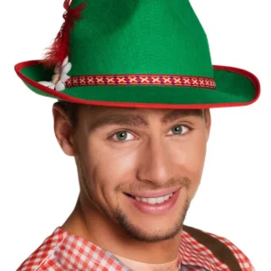 Chapeau bavarois à plume pour adulte vert avec liseré rouge et fleur blanche