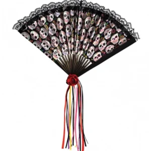 Eventail Dia de los muertos pour adulte noir avec dentelle et rubans colorés