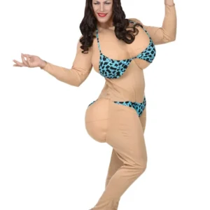 Déguisement bimbo des plages pour adulte chair avec bikini bleu léopard rembourré