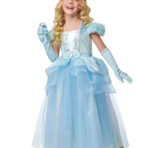Déguisement complet princesse pour enfant bleu ciel luxe avec gants et diadème