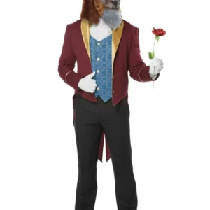 Déguisement la bête pour homme veste bordeaux et gilet bleu avec masque