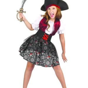 Déguisement pirate imprimé tête de mort pour fille noir rouge et blanc avec chapeau