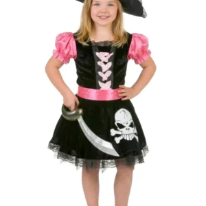 Déguisement pirate girly pour fille noir et rose avec chapeau et tête de mort