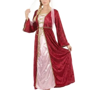 Déguisement de reine médiévale pour femme rouge et rose avec couronne