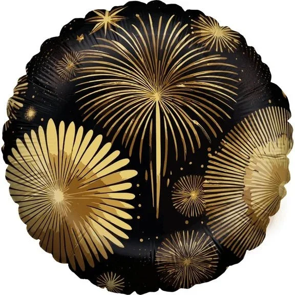 Happy New Year Helium Ballon Zwart Goud Vuurwerk Leeg 45cm van VDV Benefit koop je bij Partywinkel