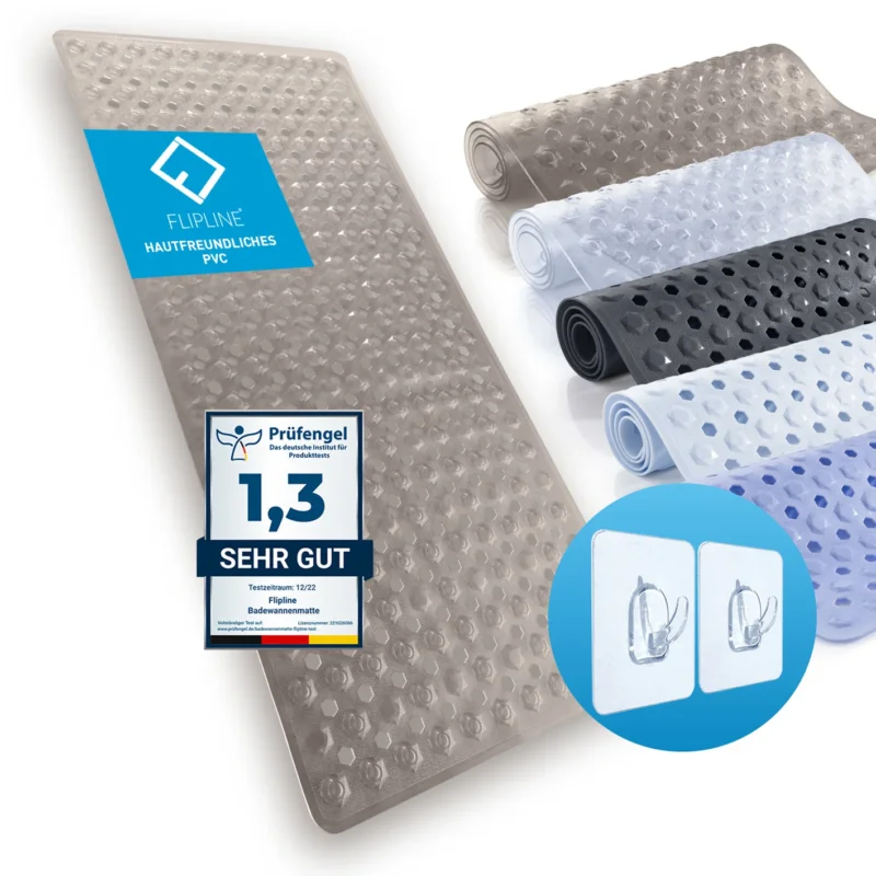 Badewannenmatte 88 x 40 cm – Hellgrau mit Anti-Rutsch-Struktur, Saugnäpfen und 2 Haken für sicheren Halt und Komfort beim Baden.