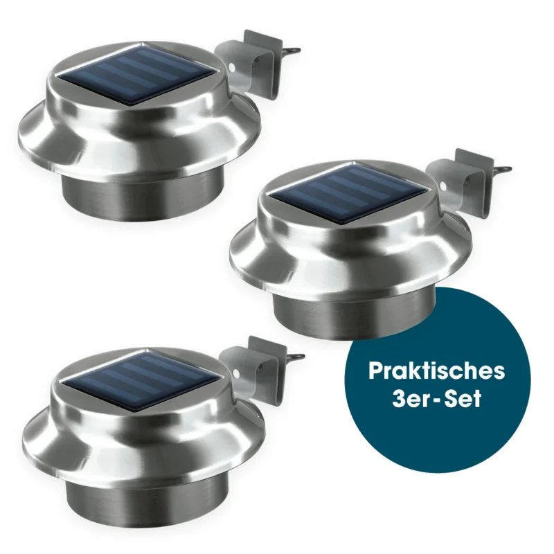 Solar Dachrinnenleuchten in Edelstahl, 3er-Set mit Solarpanel und Montagehalterung für einfache Befestigung an Dachrinne oder Gartenzaun.