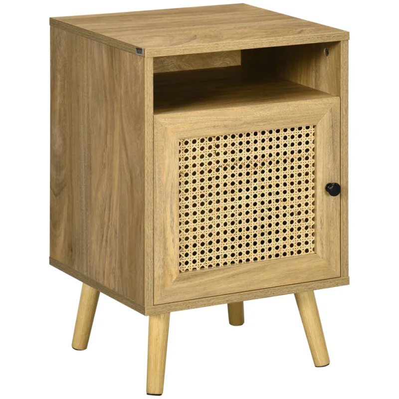 easycomfort easycomfort comodino per camera da letto stile boho con armadietto e ripiano aperto in legno e rattan 39x35x60 cm