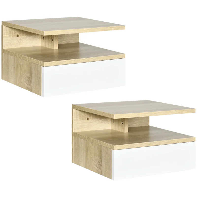 easycomfort easycomfort set da 2 comodini sospesi con cassetto e ripiano superiore in legno 35x32x22 5 cm bianco e rovere