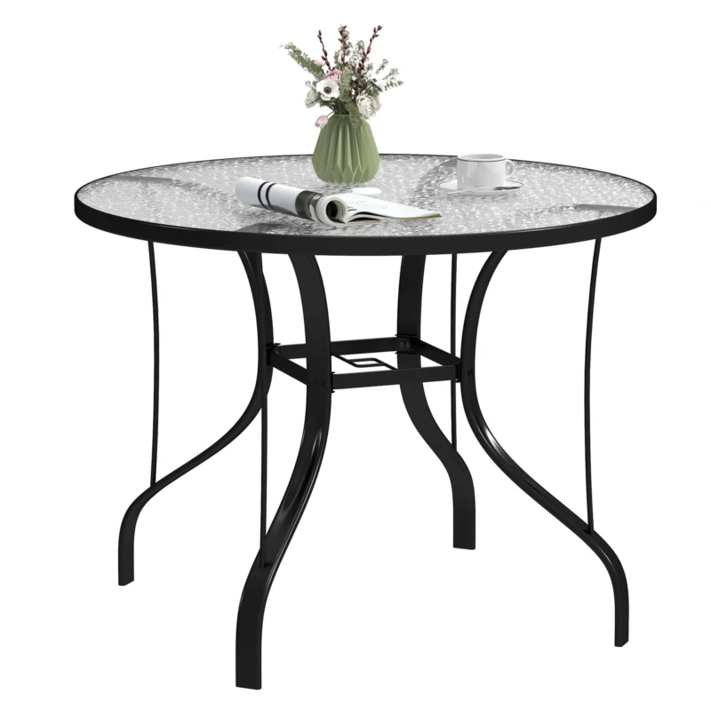 easycomfort easycomfort tavolino da giardino rotondo con foro per ombrellone in metallo e vetro temperato 96 5x71 cm nero