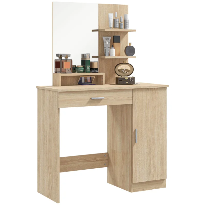 easycomfort easycomfort tavolo per trucco in truciolato con mobiletto cassetto ripiani aperti e specchio 90x38x138 cm