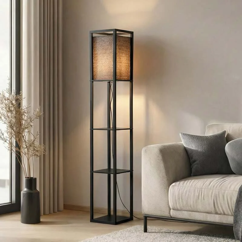 Lindby Stehleuchte Birta schwarz Regal Holz Lampe 159cm E27 15W LED Leuchte - 4251911772807