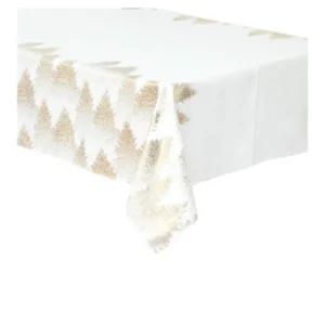 Nappe floquée sapins pour table de fête blanche et or