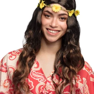 Perruque longue avec bandeau fleurs pour femme marron et jaune