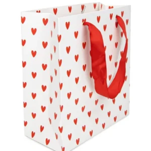 Sac en papier petits cœurs pour fête blanc et rouge avec anses en ruban