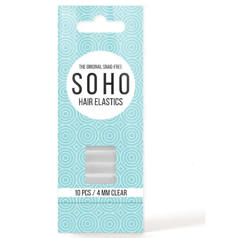 SOHO Snag-Free Hair Elastics – 10 Stück in transparent, 4 mm dick, in hellblauer Verpackung mit kreisförmigem Muster und Sichtfenster. Stark, elastisch und schonend für alle Haartypen.