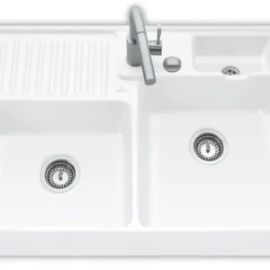 Villeroy & Boch Spülstein Doppelbecken Weiß (alpin) - 6323 92 R1 Keramikspüle Excenter inkl. Hahnlöcher 1+2